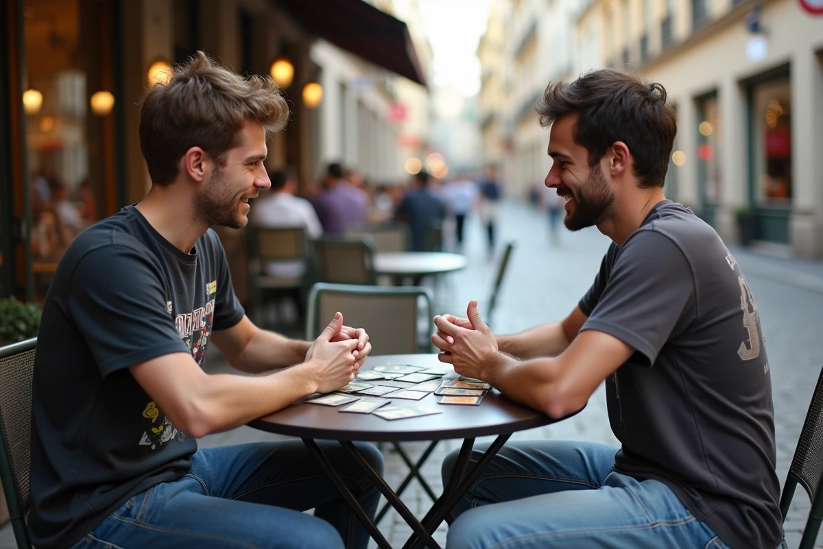 Deux joueurs adultes en compétition de cartes Pokémon type Psy en terrasse de café urbain