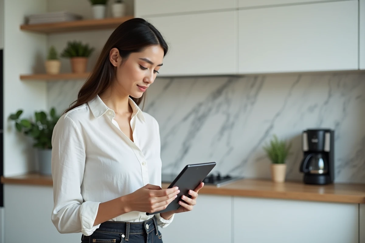 Jeune femme confirmant l'annulation de son abonnement Amazon Prime sur une tablette dans sa cuisine