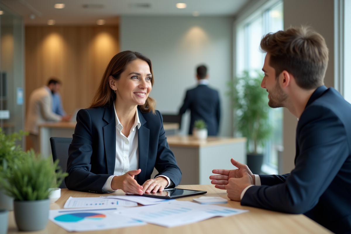 Conseillère financière expliquant des options de prêt à un jeune homme
