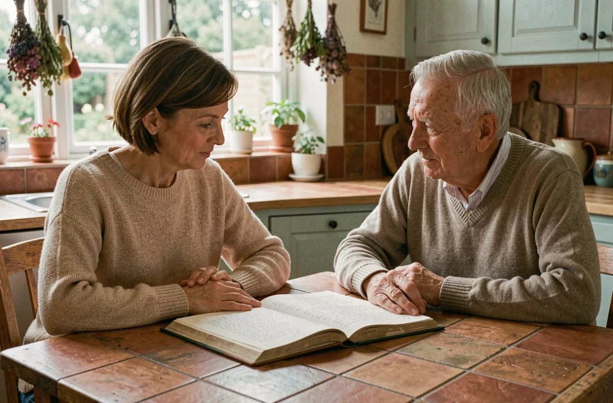 Femme adulte et homme âgé consultant un livre ensemble dans une cuisine familiale chaleureuse, illustrant l'utilisation de 'chez' pour désigner un lieu ou un groupe