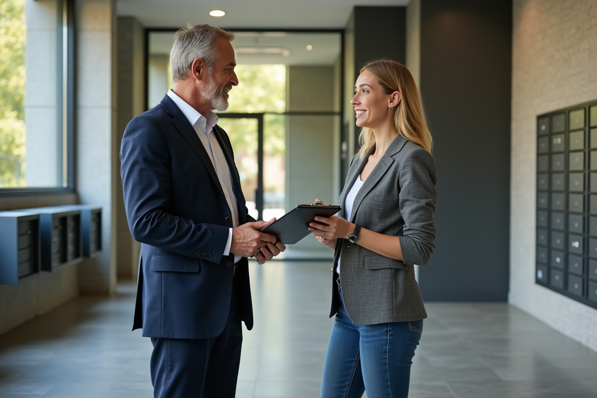 Homme en costume discutant avec une femme dans le lobby