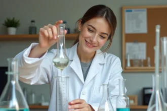 Femme en blouse blanche versant un liquide dans un cylindre gradué pour mesurer des volumes en litres et millilitres