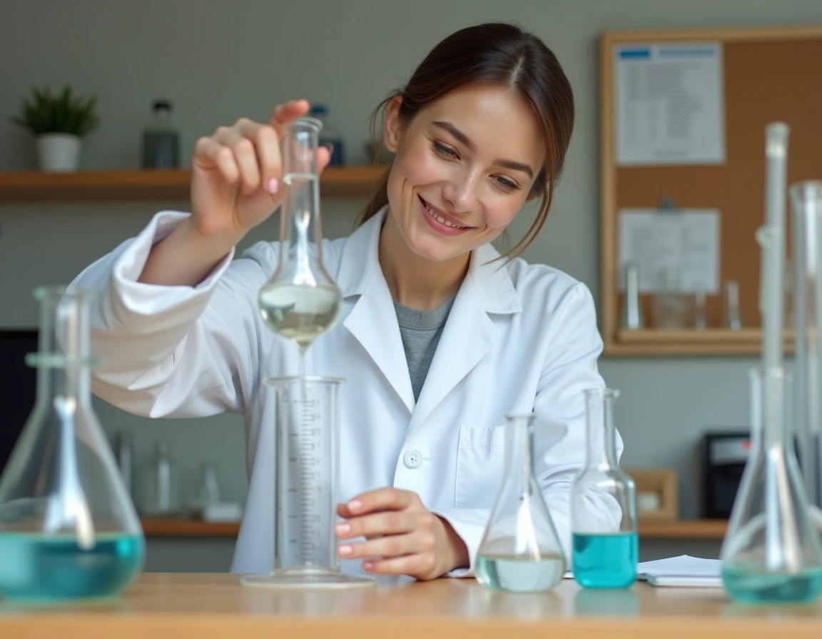 Femme en blouse blanche versant un liquide dans un cylindre gradué pour mesurer des volumes en litres et millilitres