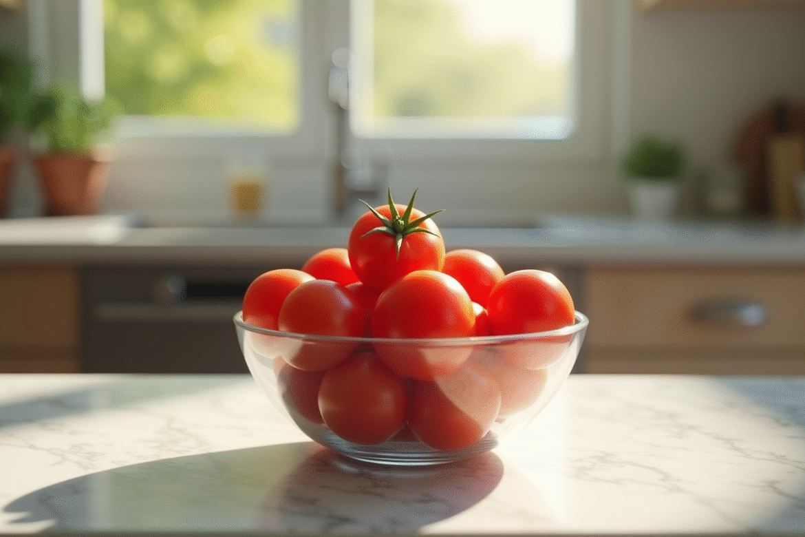 Petite coupelle de tomates cerises fraîches sur un plan de travail en marbre