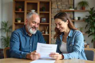 Couple d'âge moyen examinant des documents immobiliers dans un salon moderne