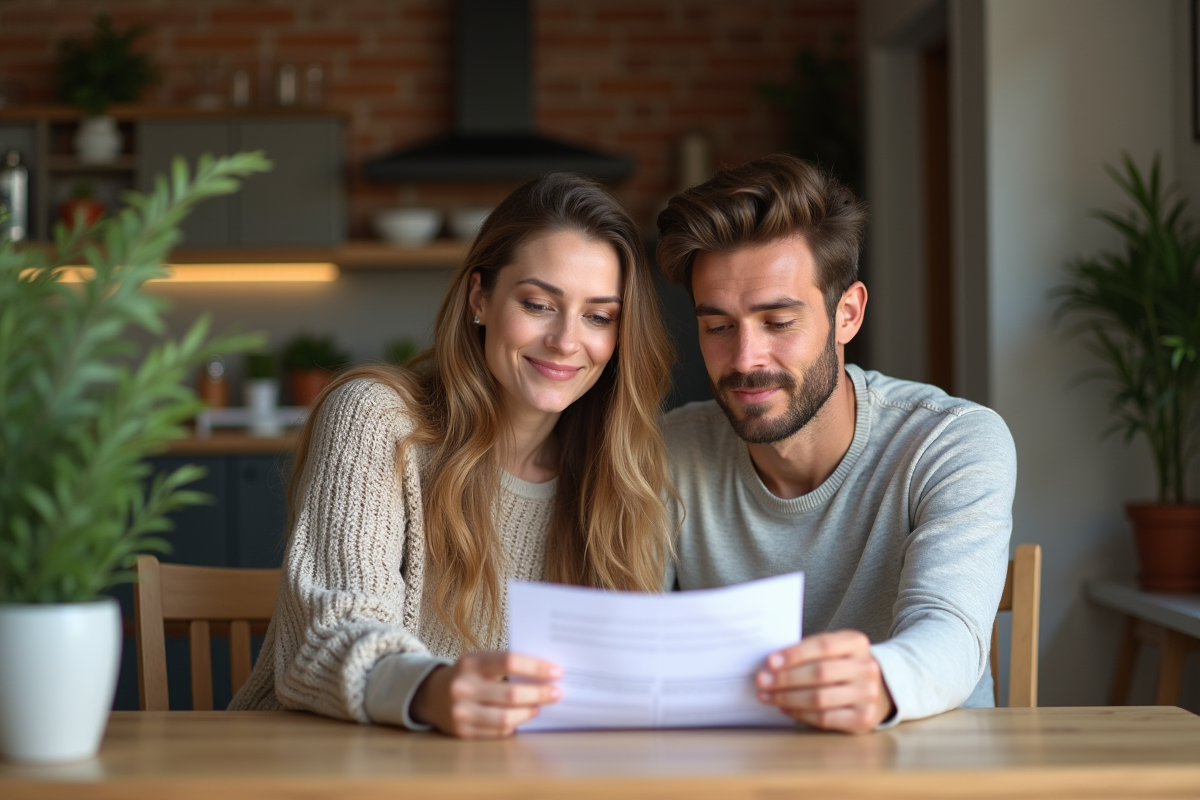 Couple en train de revoir des documents immobiliers dans un intérieur cosy