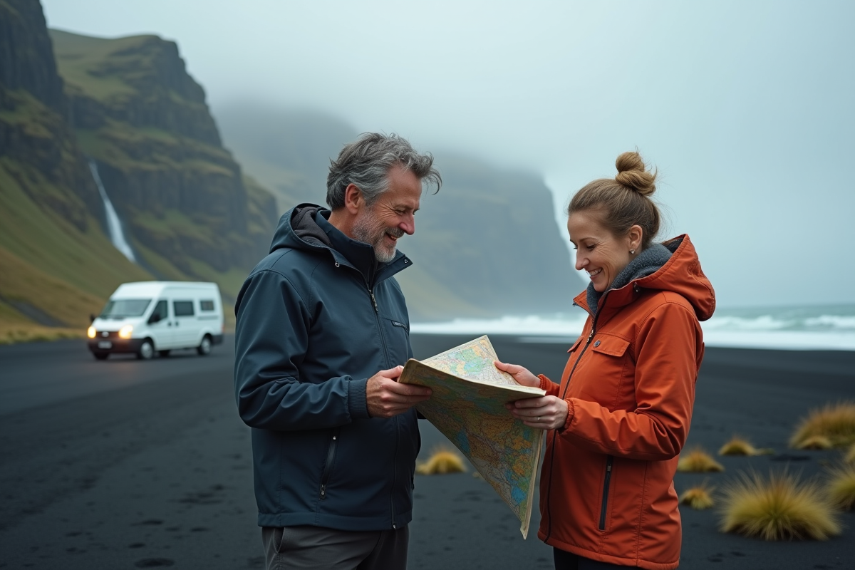 Couple avec carte et van près d