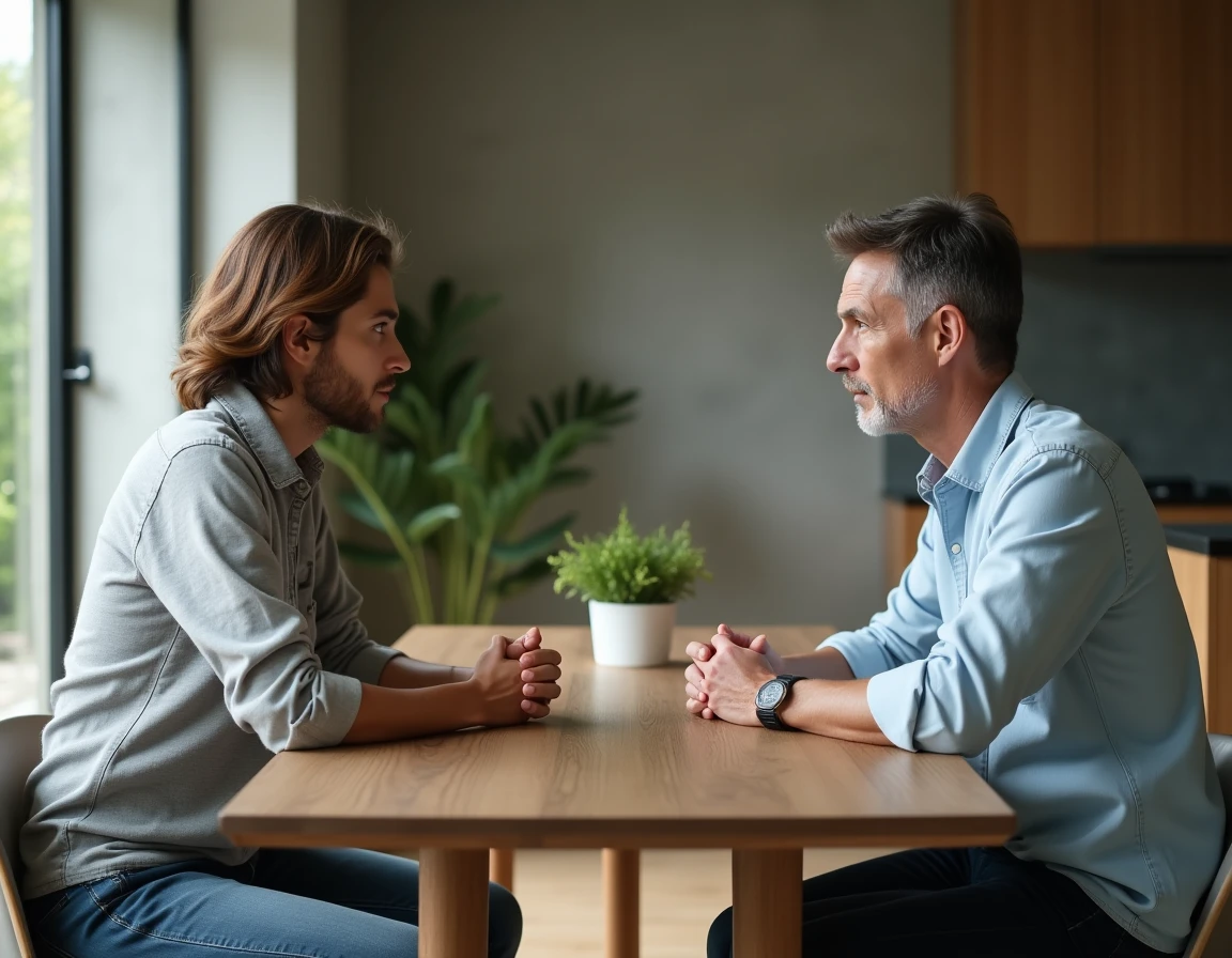 Couple adulte en conversation sérieuse autour d'une table, atmosphère de dialogue difficile illustrant les limites et la communication dans une relation non conventionnelle