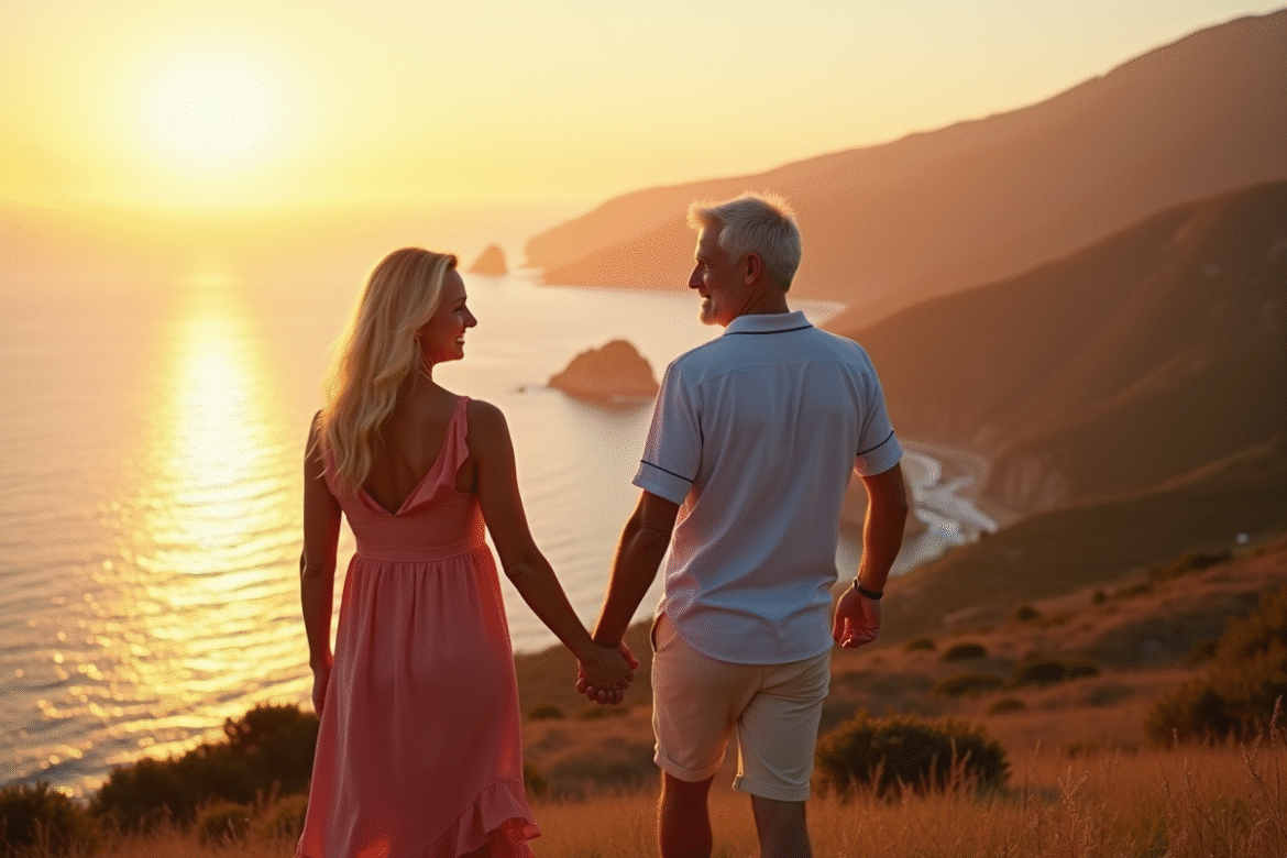 Couple mature main dans la main au coucher de soleil sur la côte