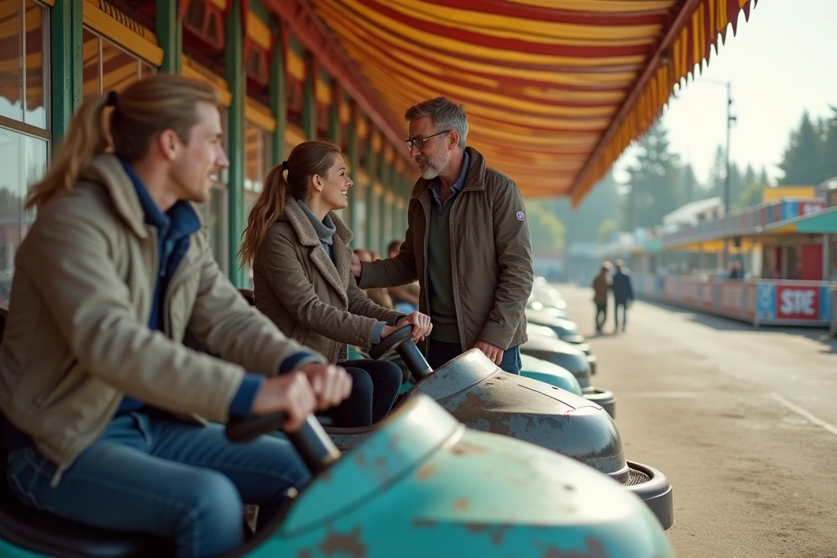Couple discutant des options d'achat d'autos tamponneuses dans une fête foraine en plein air