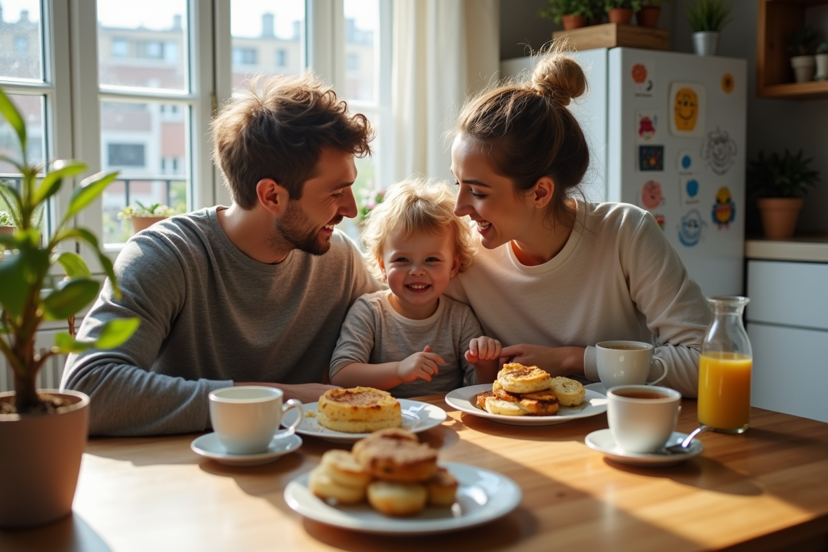 Couple homosexuel partageant un petit déjeuner en famille