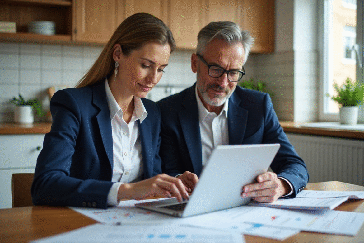 Couple d'adultes en cuisine moderne examinant des documents financiers