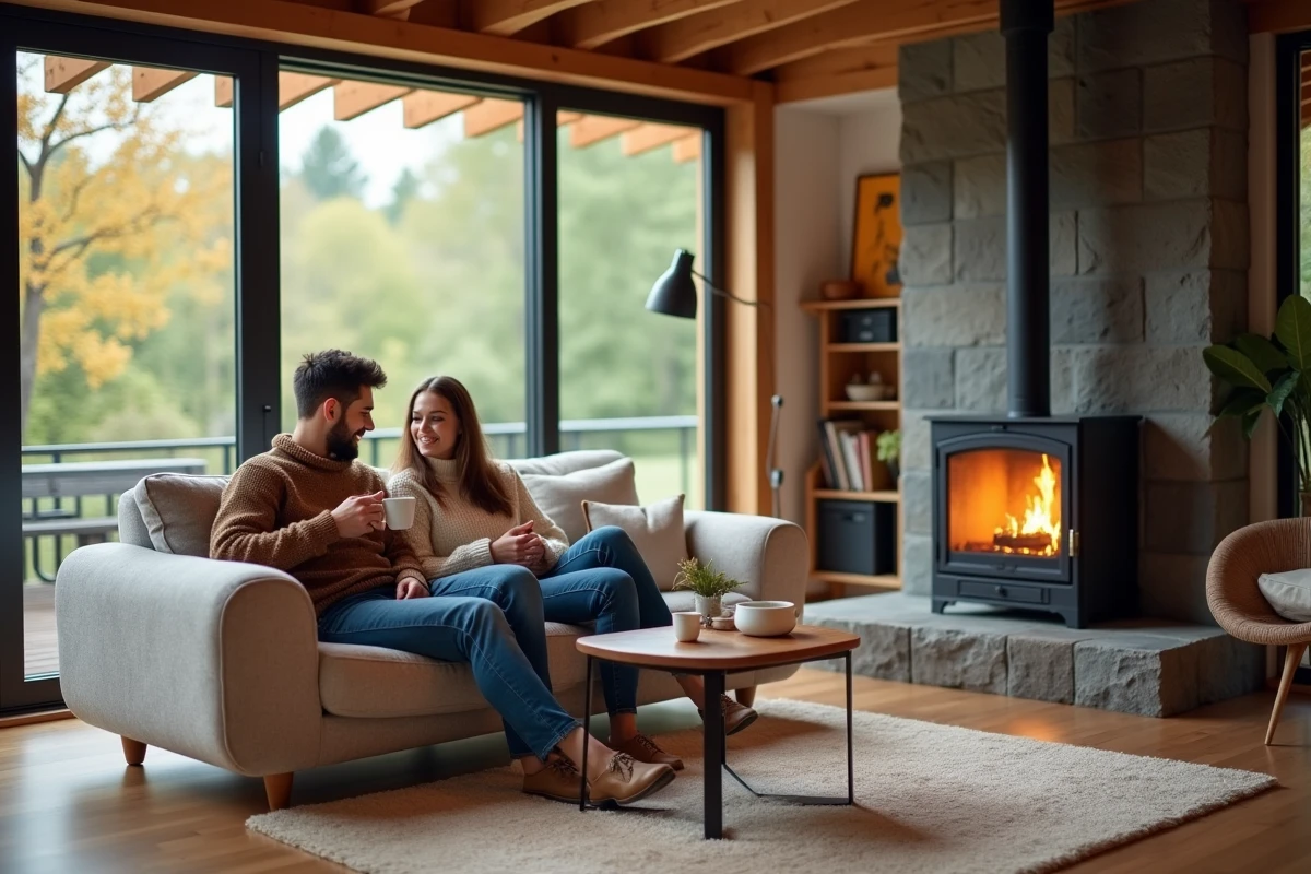 Jeune couple relaxant sur un canapé près de la cheminée moderne