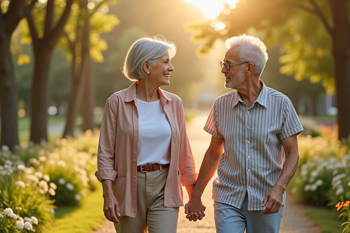 Couple senior marchant main dans la main dans un parc ensoleille