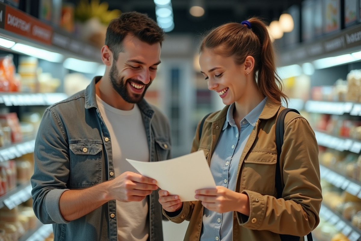 Pere et fille faisant les courses avec liste et argent