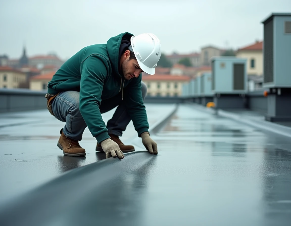Artisan de Cym Toiture appliquant une membrane d'étanchéité sur un toit plat commercial à Lyon