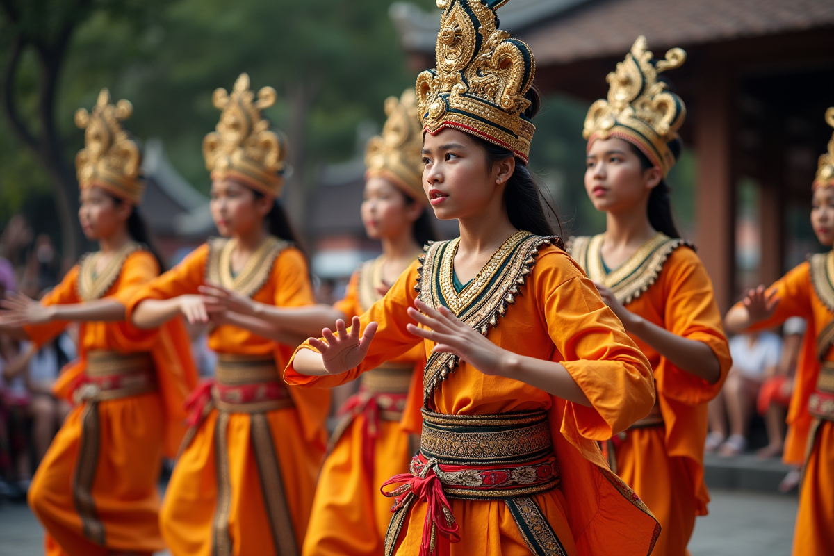 Jeunes danseurs balinais en costumes colorés en pleine performance