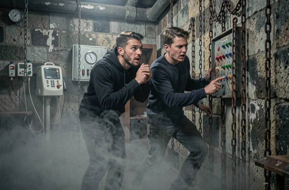 Deux joueurs naviguant dans une salle horror immersive de Dark Experience Valence