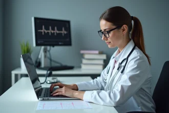 Femme médecin débutante analysant un tracé ECG sur son bureau dans un cabinet médical moderne