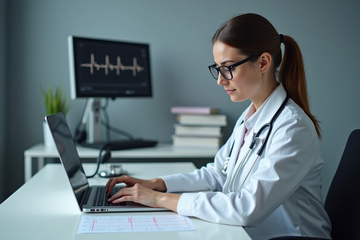 Femme médecin débutante analysant un tracé ECG sur son bureau dans un cabinet médical moderne