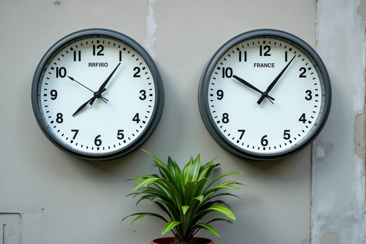 Deux horloges murales affichant l'heure de Paris et de Fort-de-France illustrant le décalage horaire entre la métropole et la Martinique