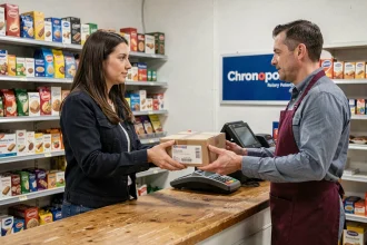 Femme déposant un colis Chronopost au comptoir d'un relais en épicerie de quartier