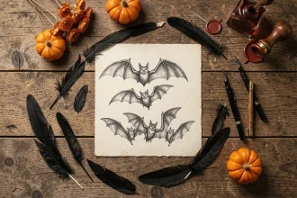 Dessin de chauve-souris Halloween sur des cartes d'invitation en papier kraft posées sur une table en bois rustique avec plumes noires et citrouilles miniatures