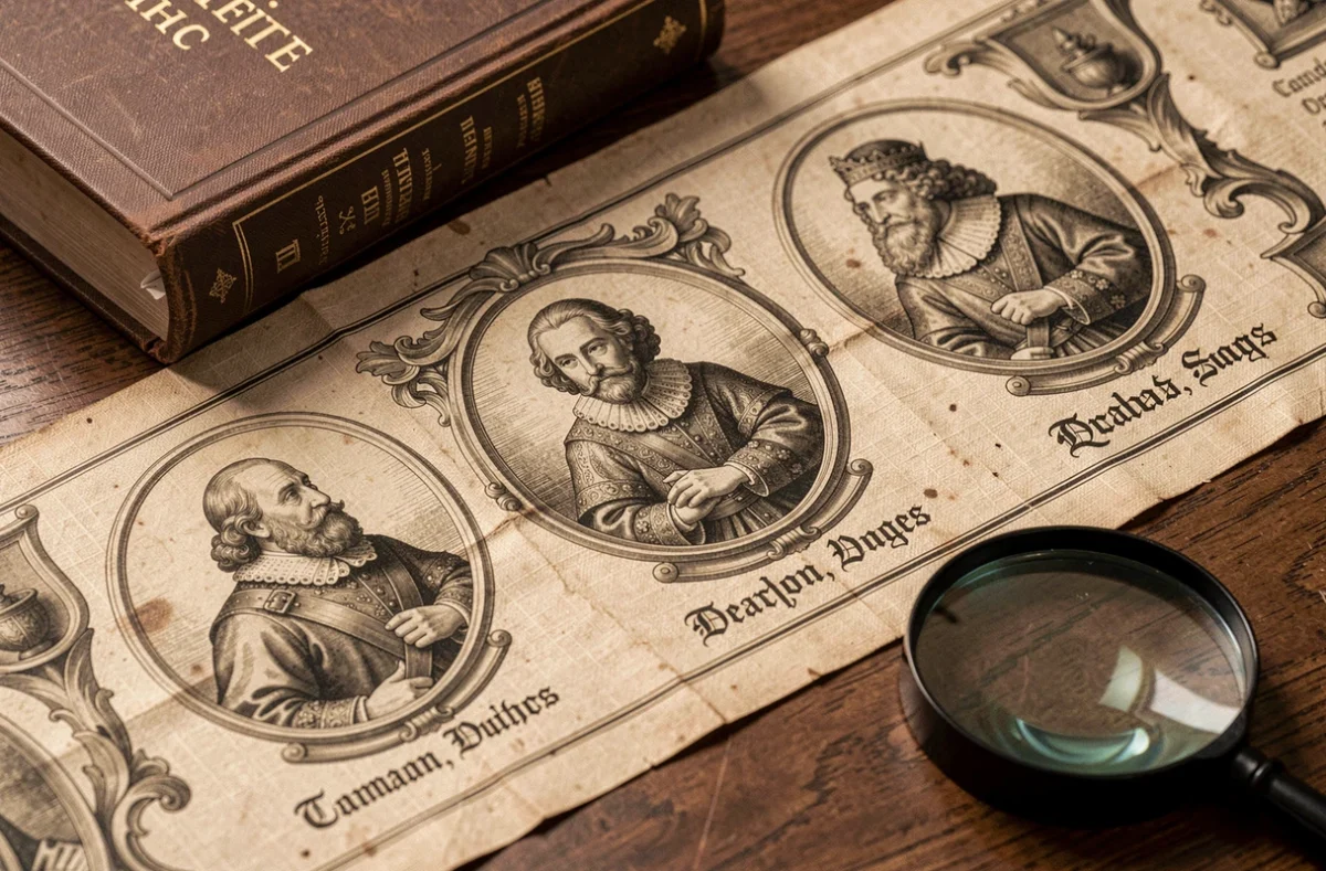 Gros plan sur les détails illustrés d'une frise ancienne des rois de France avec une loupe et un livre d'histoire
