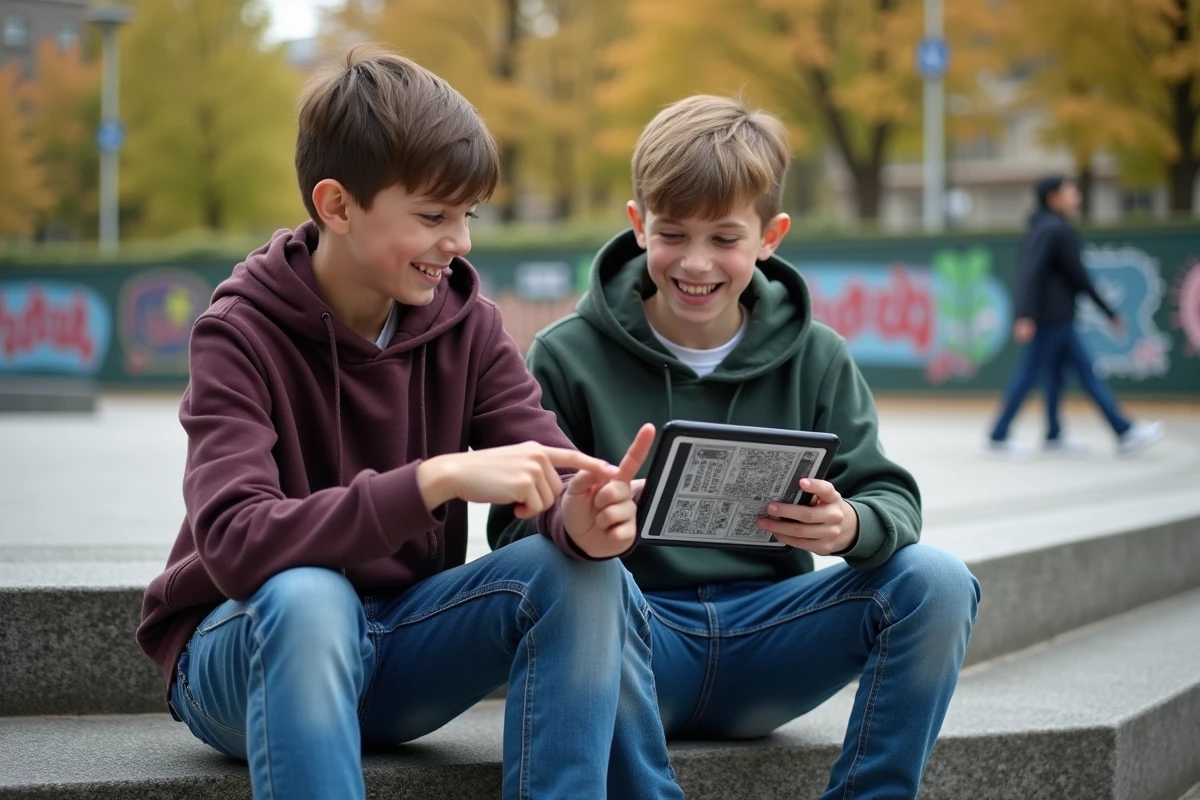 Deux adolescents discutant et riant dans un parc urbain