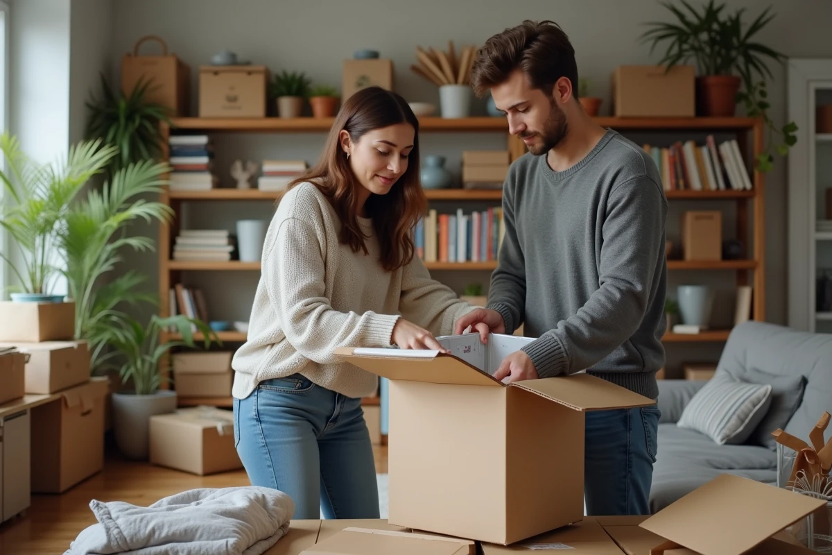 Femme et jeune homme triant des objets dans un salon