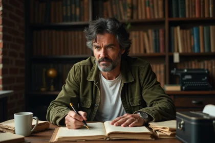 Écrivain masculin concentré dans un bureau encombré de manuscrits évoquant l'univers littéraire de Jerry Stahl et Speed Fiction