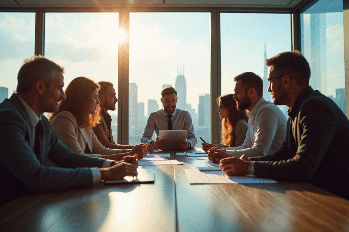 Groupe de professionnels discutant autour d'une table moderne