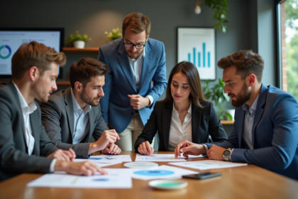 Groupe de professionnels en réunion de travail dynamique