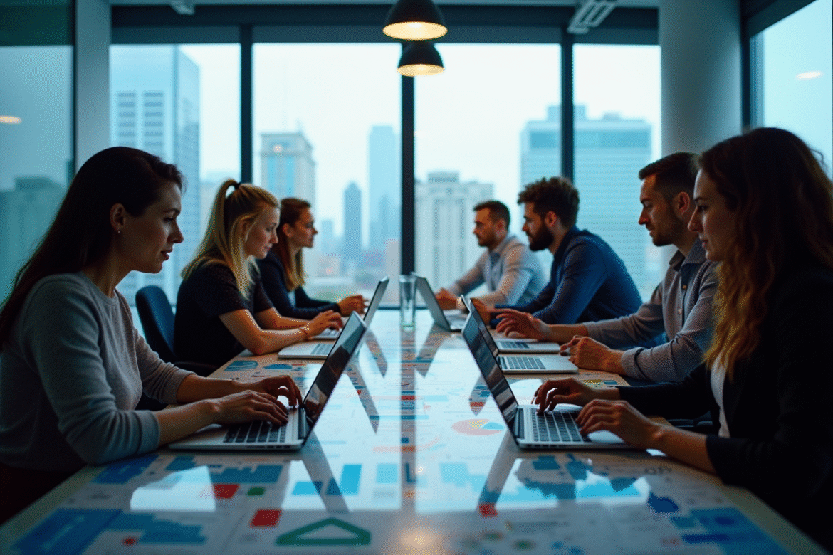 Groupe de professionnels du marketing analysant des graphiques colorés