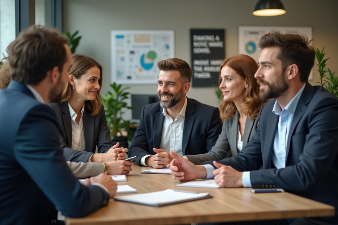 Groupe de collègues en réunion dans un bureau moderne
