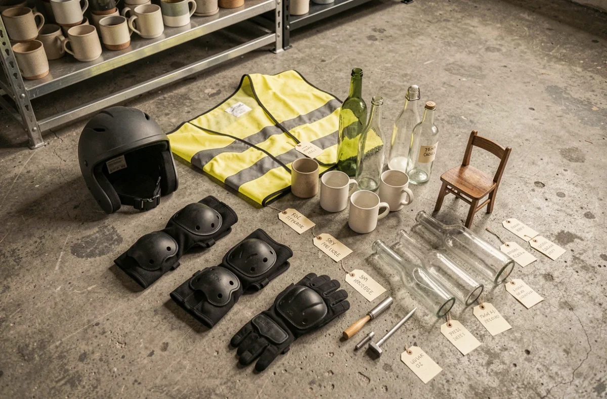 Équipements de sécurité et objets à casser disposés sur le sol d'une rage room à Lyon, casque, gants, coudières et objets en céramique étiquetés