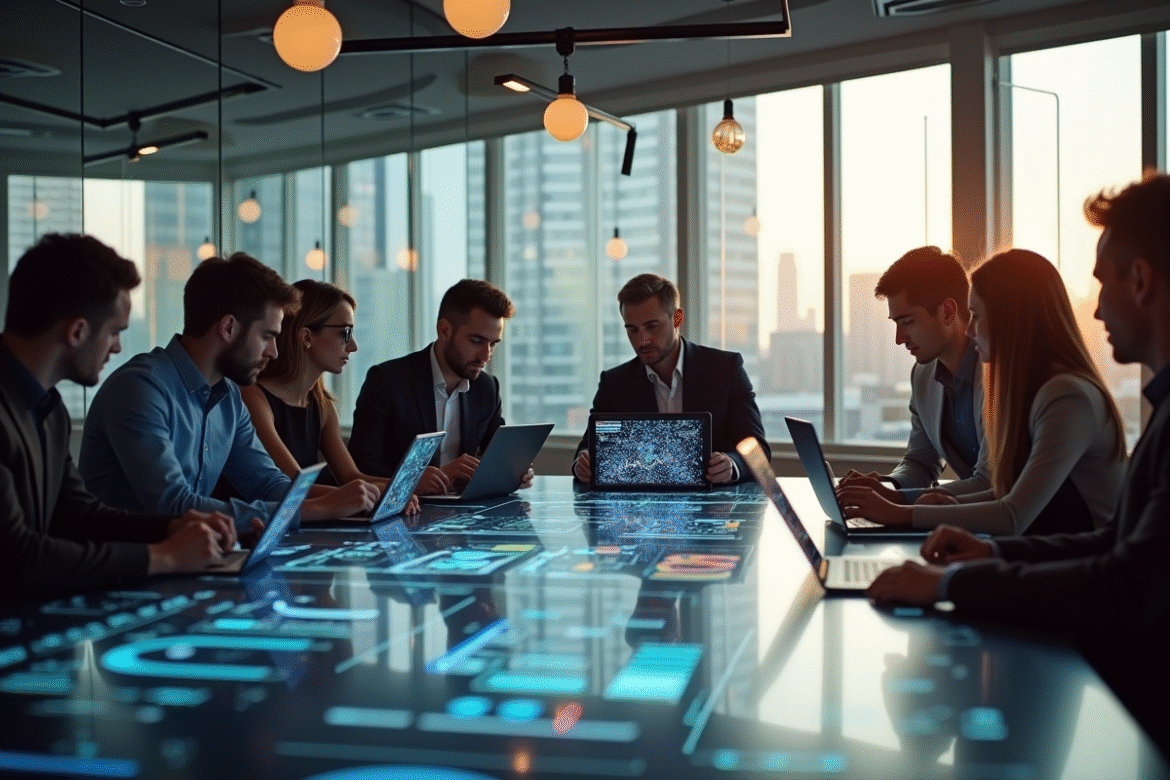 Groupe de professionnels dans un bureau moderne analysant la blockchain