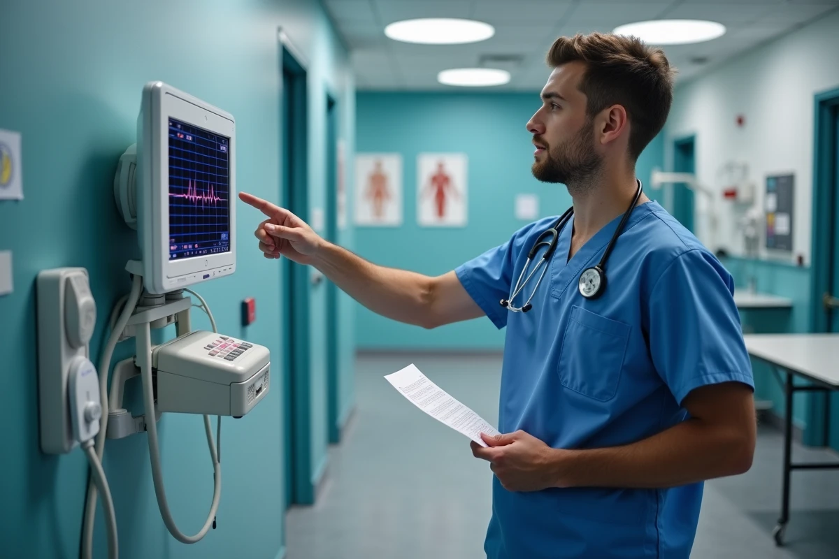 Étudiant infirmier en formation apprenant à lire un électrocardiogramme sur moniteur dans une salle de simulation médicale