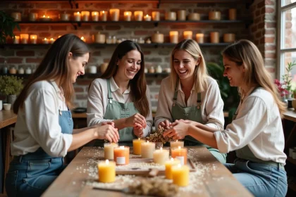 Groupe d'amies riant ensemble lors d'un atelier bougie pour un EVJF, entourées de cire, mèches et fleurs séchées dans un atelier artisanal chaleureux