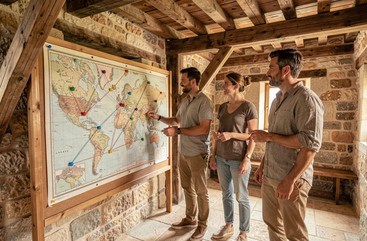 Joueurs autour d'une grande carte vintage avec des fils et des indices à L'Exit Escape Game de Pierrelatte