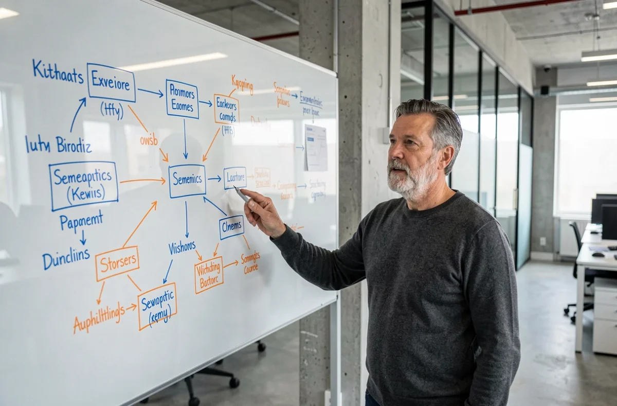 Expert en sémantique expliquant une carte de mots-clés sur un tableau blanc dans un bureau tech contemporain