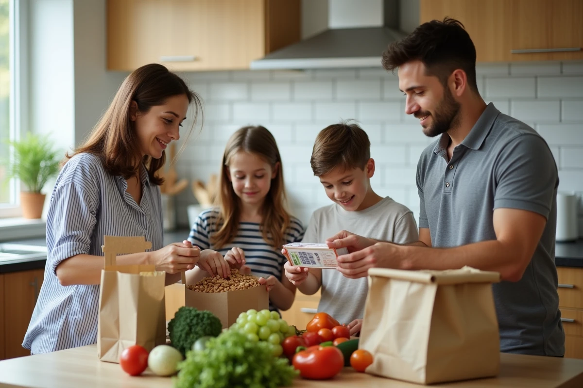 Famille réunissant et triant des courses à petit budget sur une table de cuisine moderne après un retrait en drive