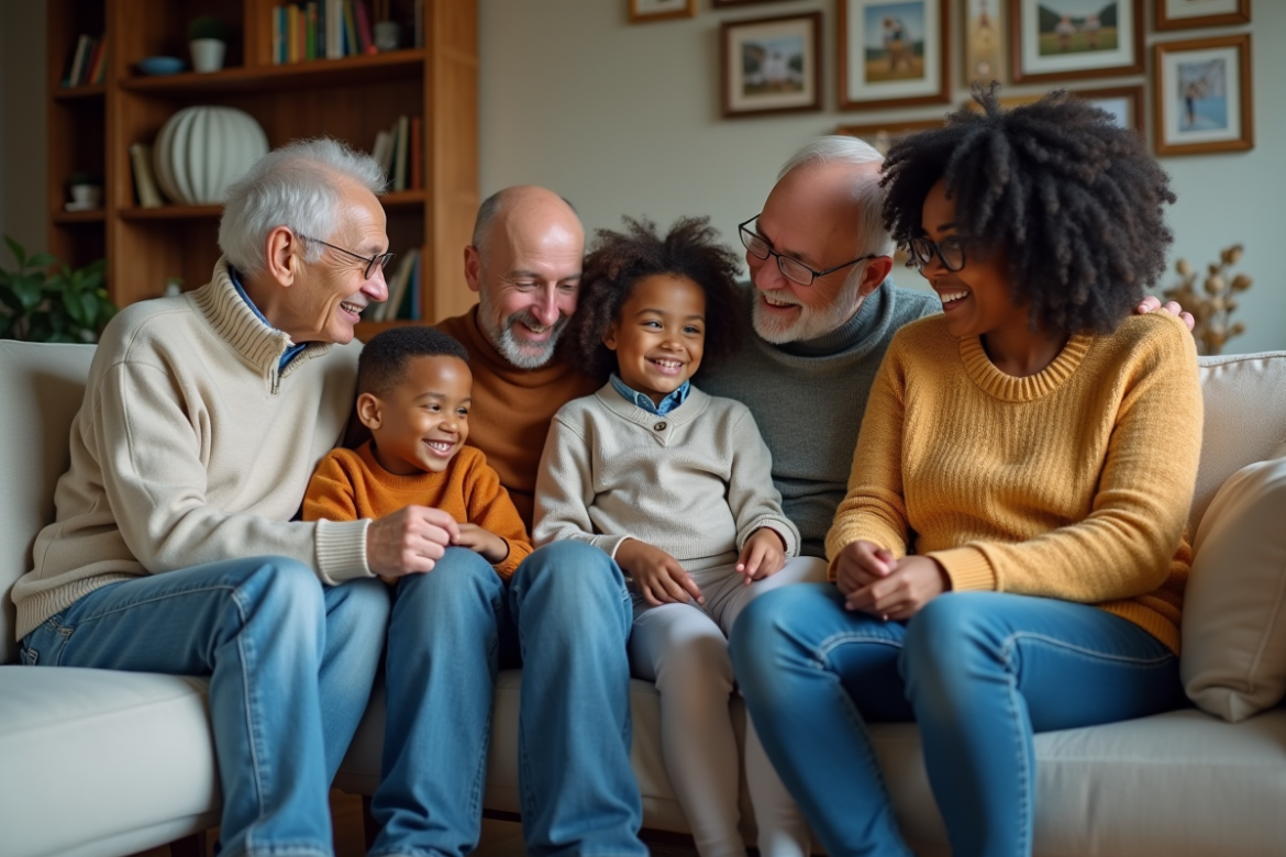 Famille multigenerational dans un salon chaleureux