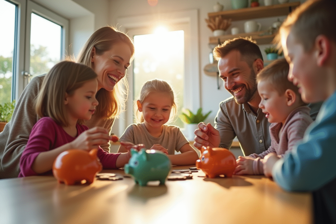 Famille souriante autour d une table pour apprendre l argent