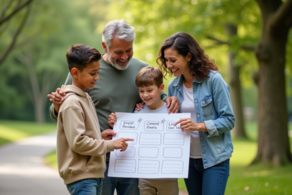 Famille souriante avec tableau d'objectifs en plein air