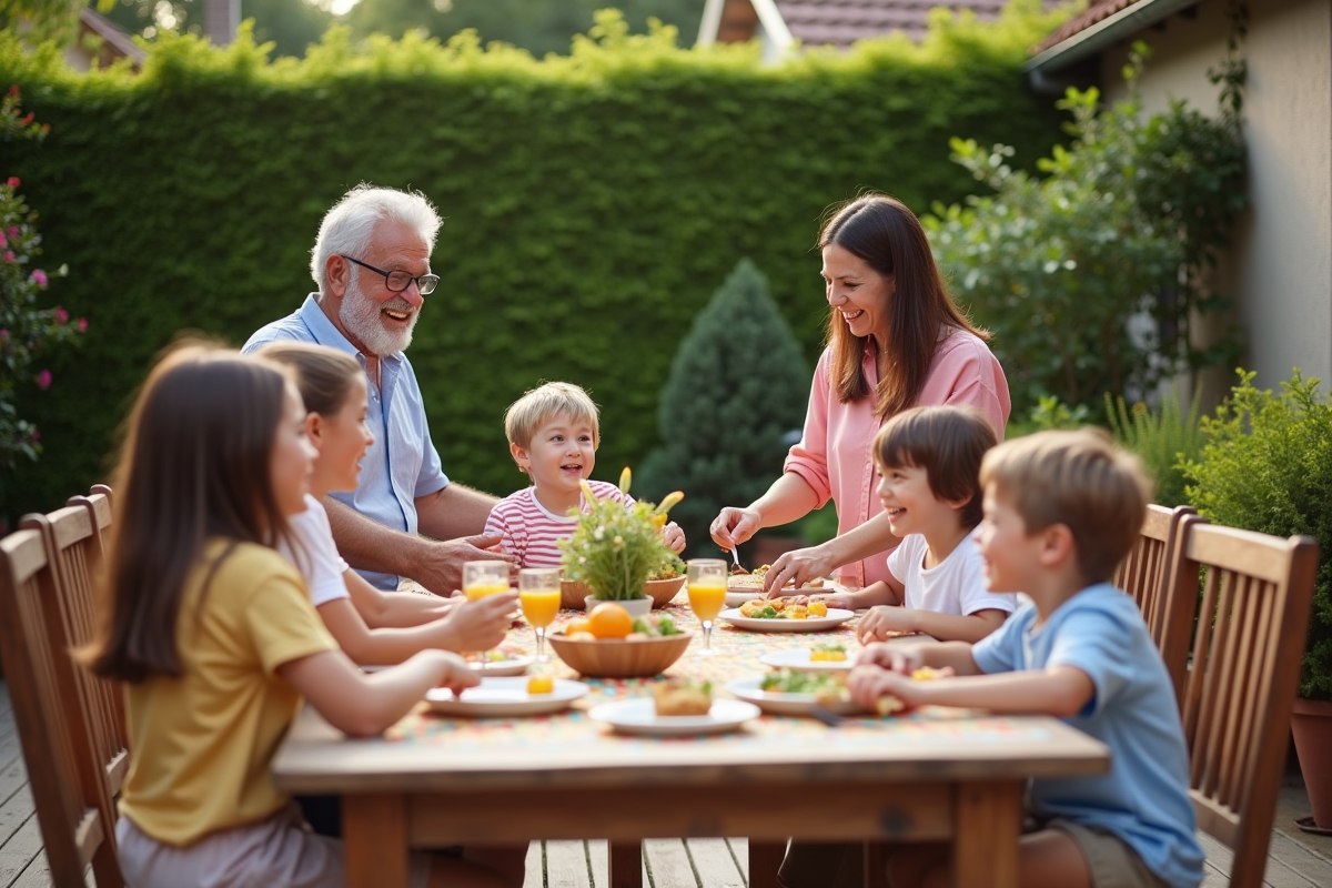 Famille multigeneration partageant un repas en plein air