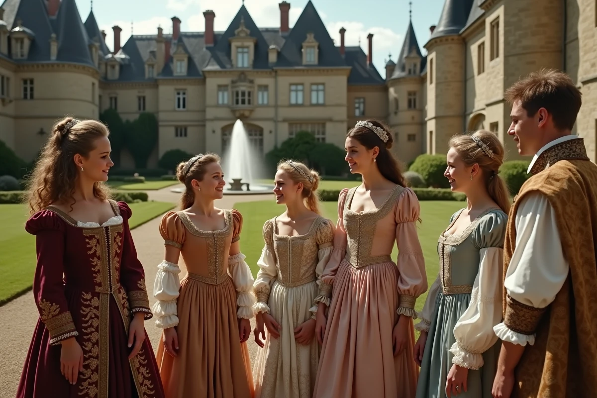 Groupe en vêtements d époque devant un château français