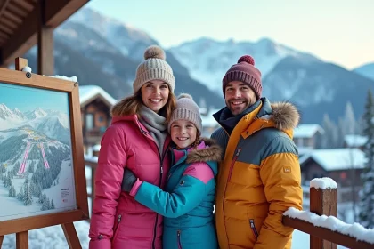 Famille française sur une terrasse enneigée avec carte de ski