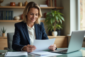 Femme d'affaires française examinant des documents d'épargne