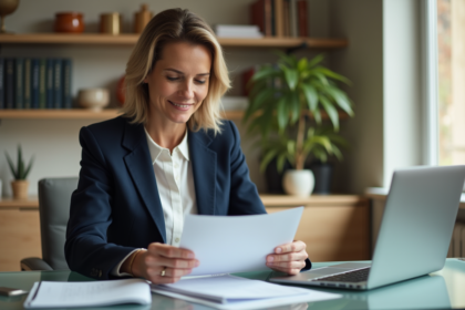 Femme d'affaires française examinant des documents d'épargne